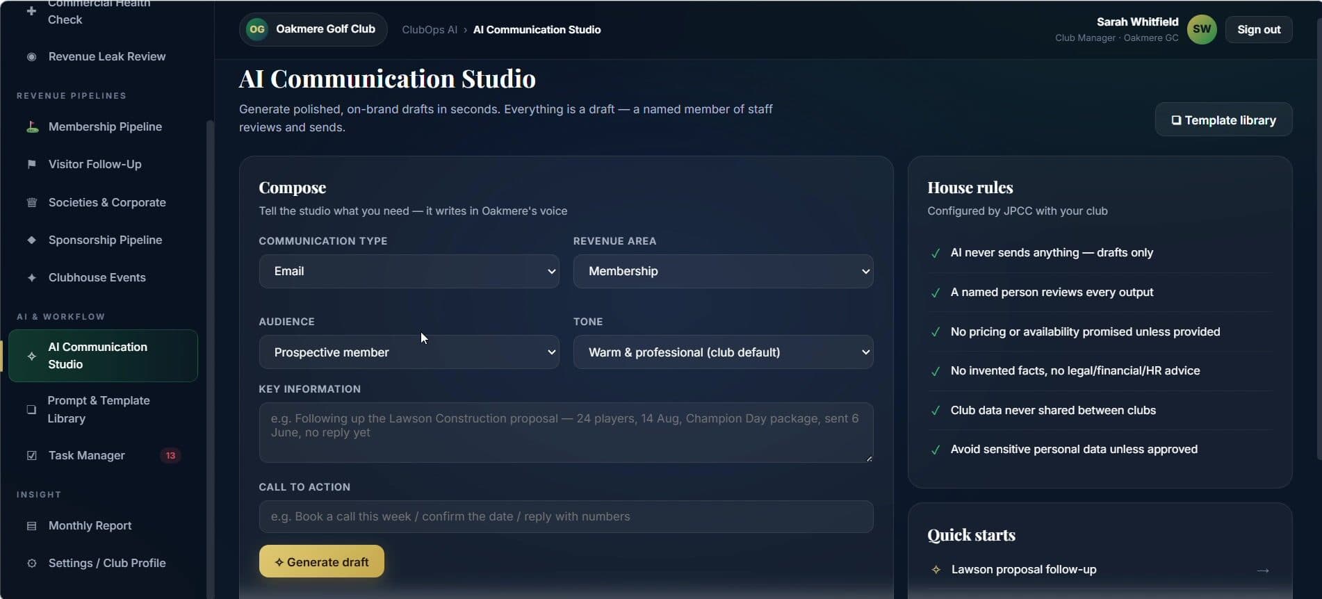 ClubOps AI concept — communication studio drafting club correspondence for staff review