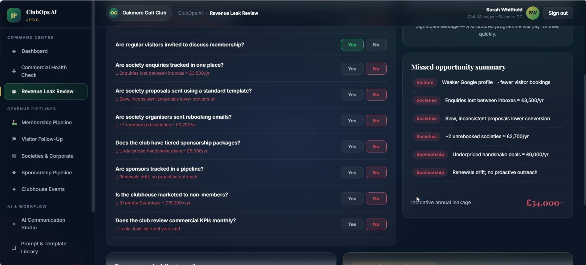 ClubOps AI concept — commercial diagnostic dashboard with structured findings