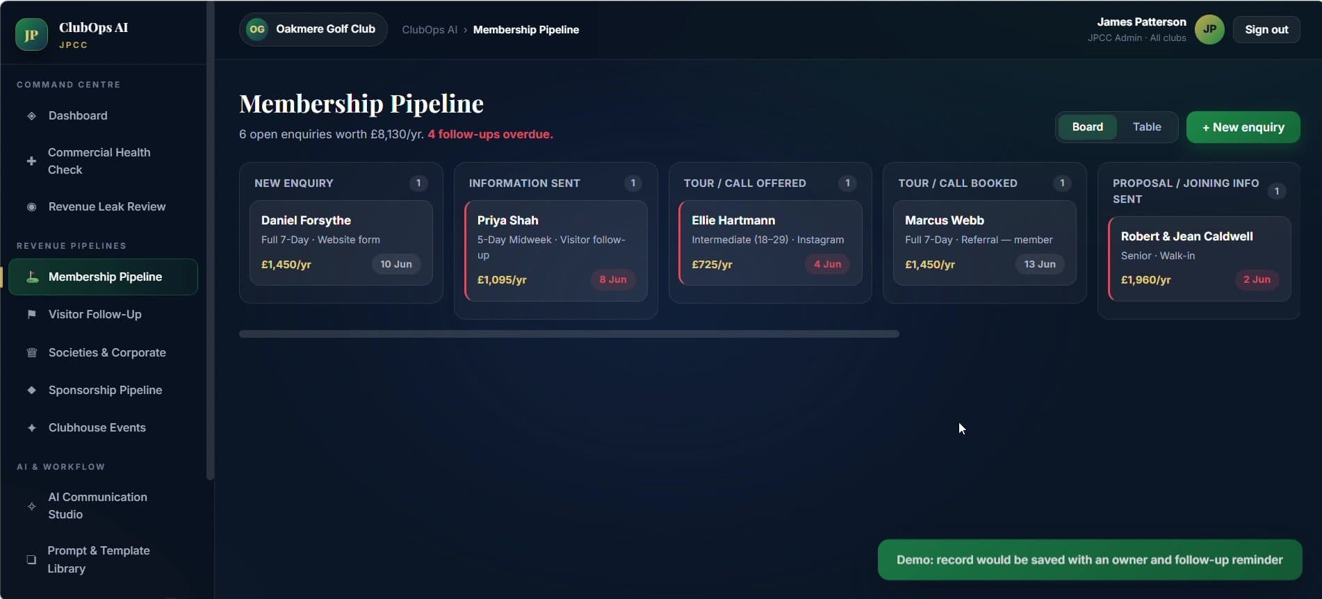 ClubOps AI concept — membership pipeline view with enquiry cards staged across the commercial journey