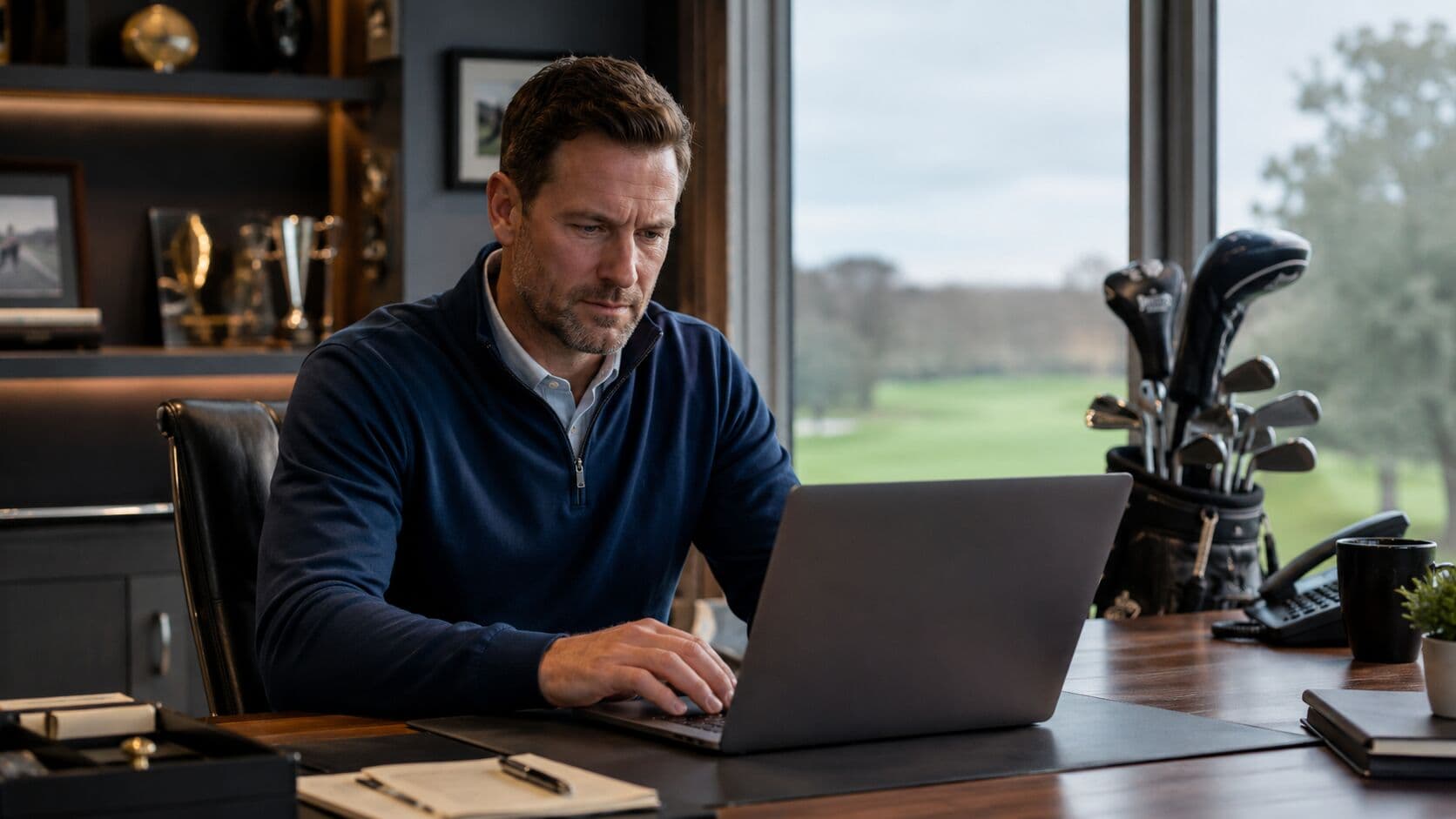 JP Mooney working at a desk overlooking a golf course, with golf clubs in the background